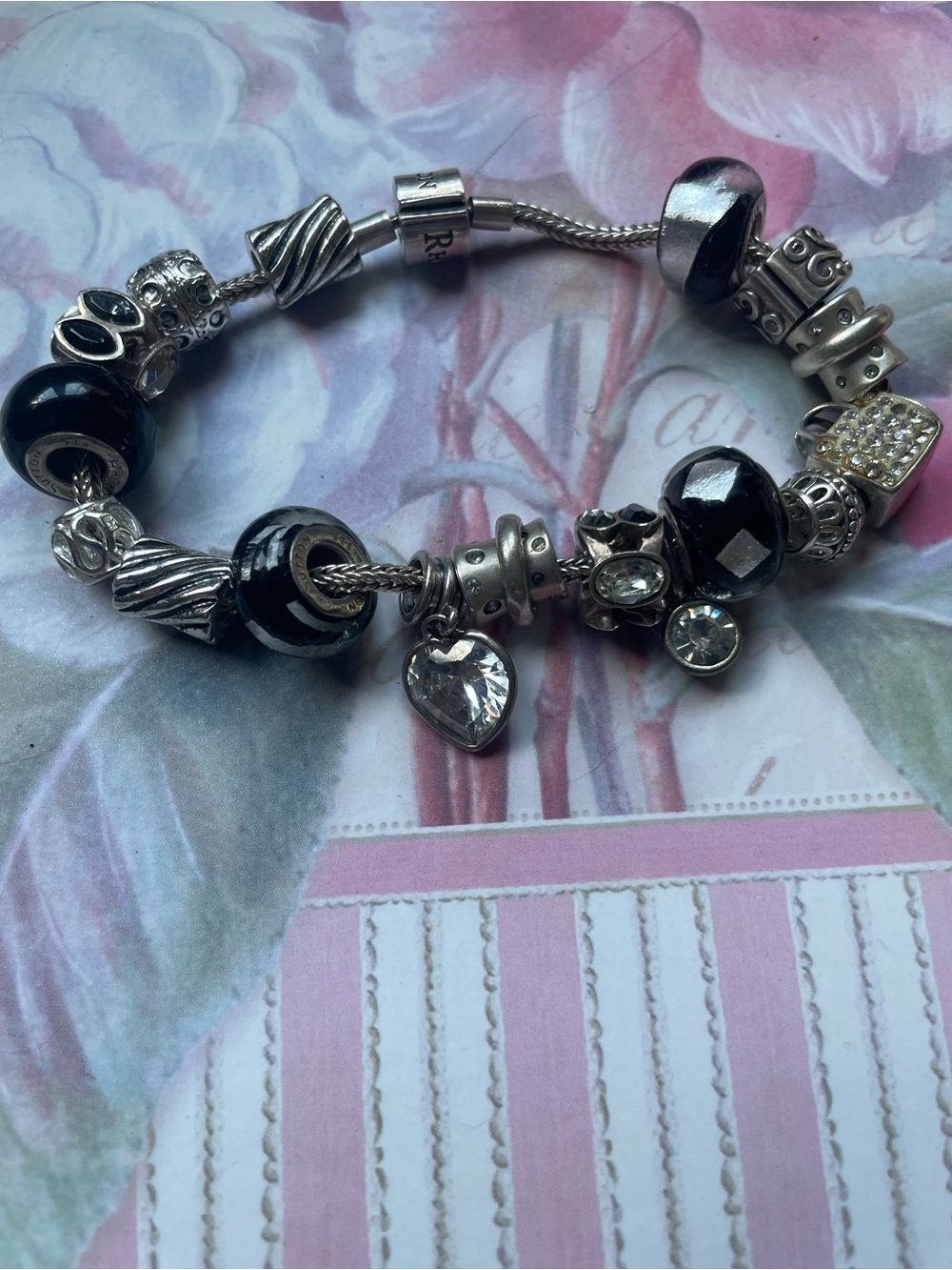 New Rhona Sutton Silver Charm Bracelet with Black Beads and Heart Crystal